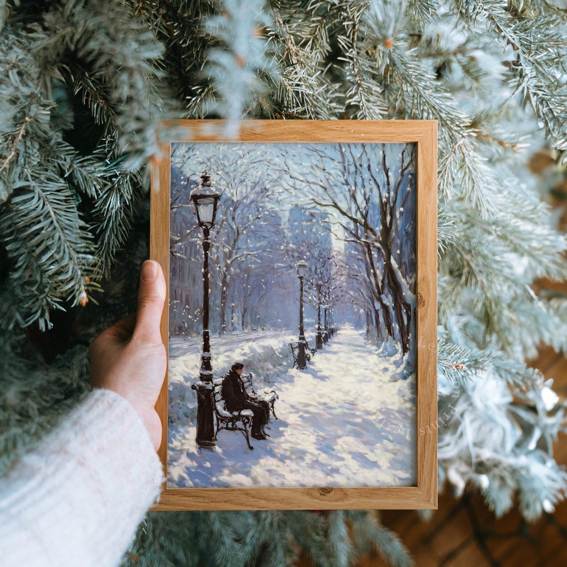 Snowy Park Path Winter Lamppost Bench Impressionist City Park Poster - Image 5