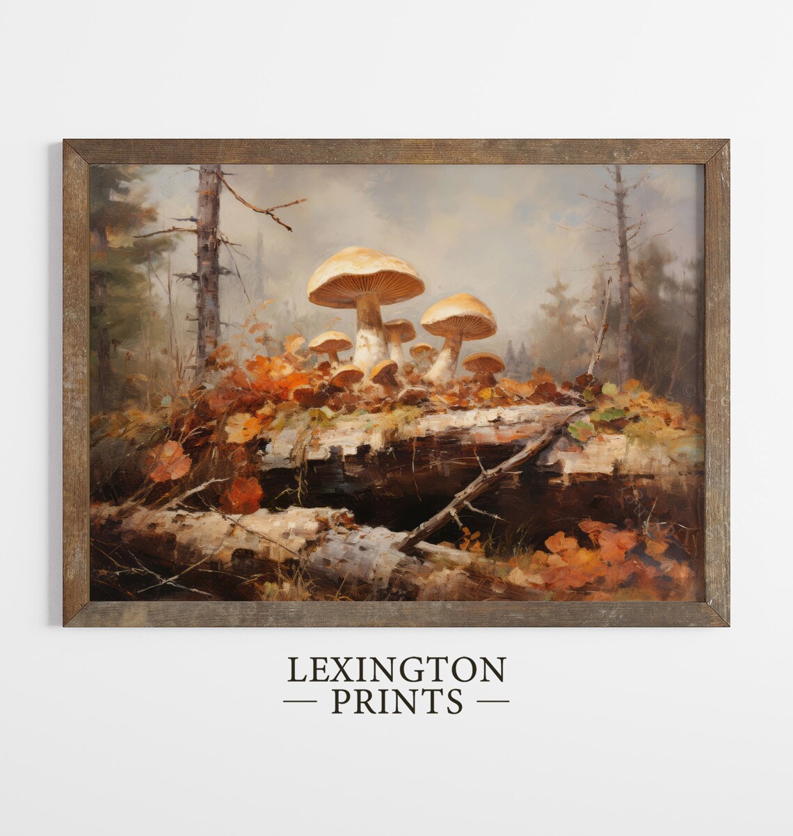 Wild Mushrooms on Fallen Log Misty Forest Oil Painting Nature Poster - Image 8