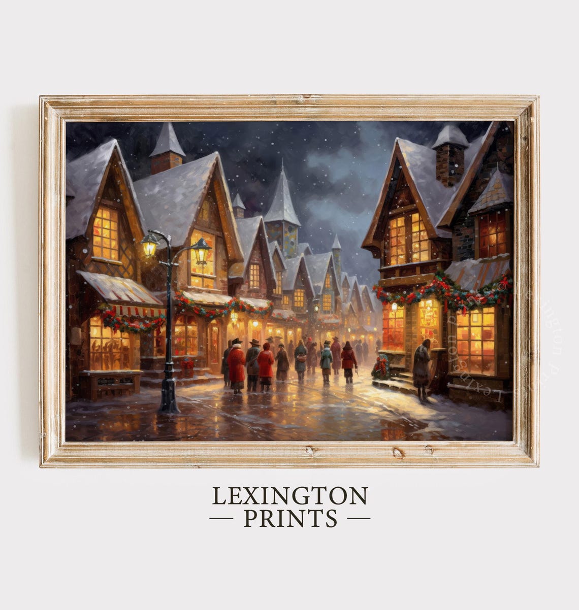 Snowy Christmas Village Street at Night Glowing Windows Art Print - Image 2