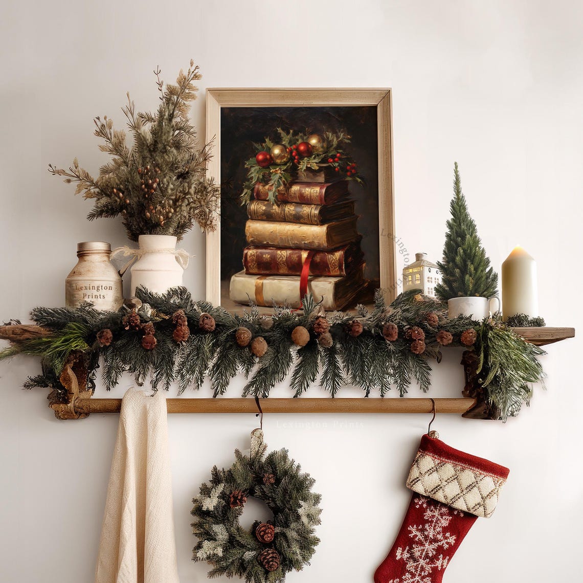 Vintage Books with Holly and Ornaments Christmas Still Life Poster - Image 7
