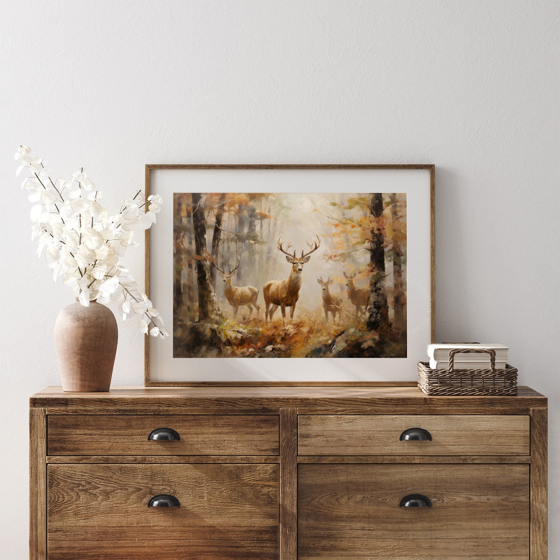 Deer Family in Misty Autumn Forest Rustic Fall Wildlife Wall Art - Image 6
