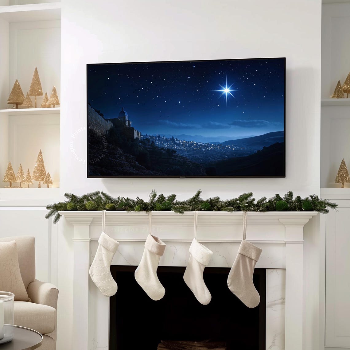 Nativity Star Over a Night City Biblical Christmas Painting Poster - Image 8
