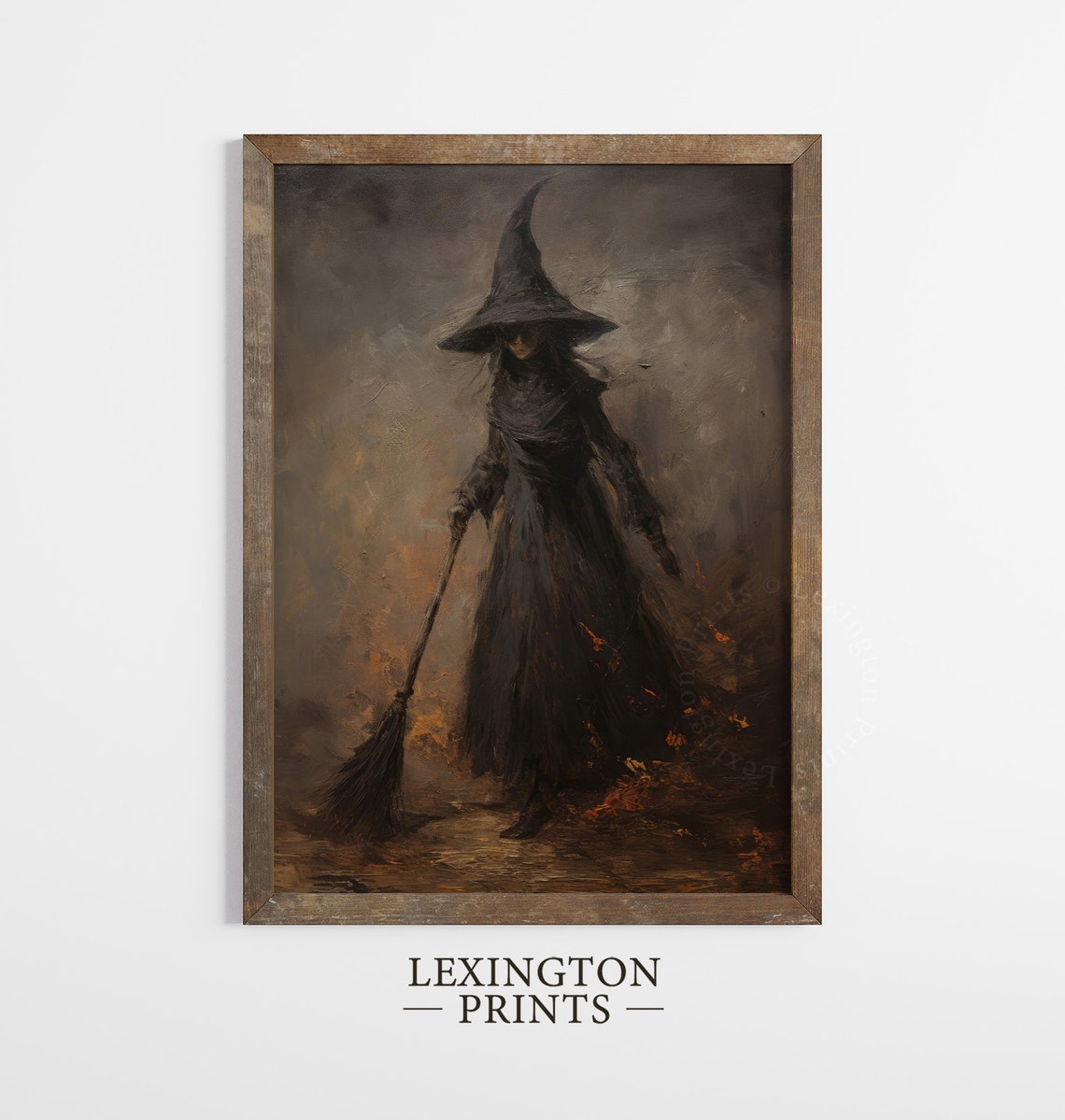 Dark Witch In Cloak Holding Broomstick Moody Halloween Oil Poster - Image 8