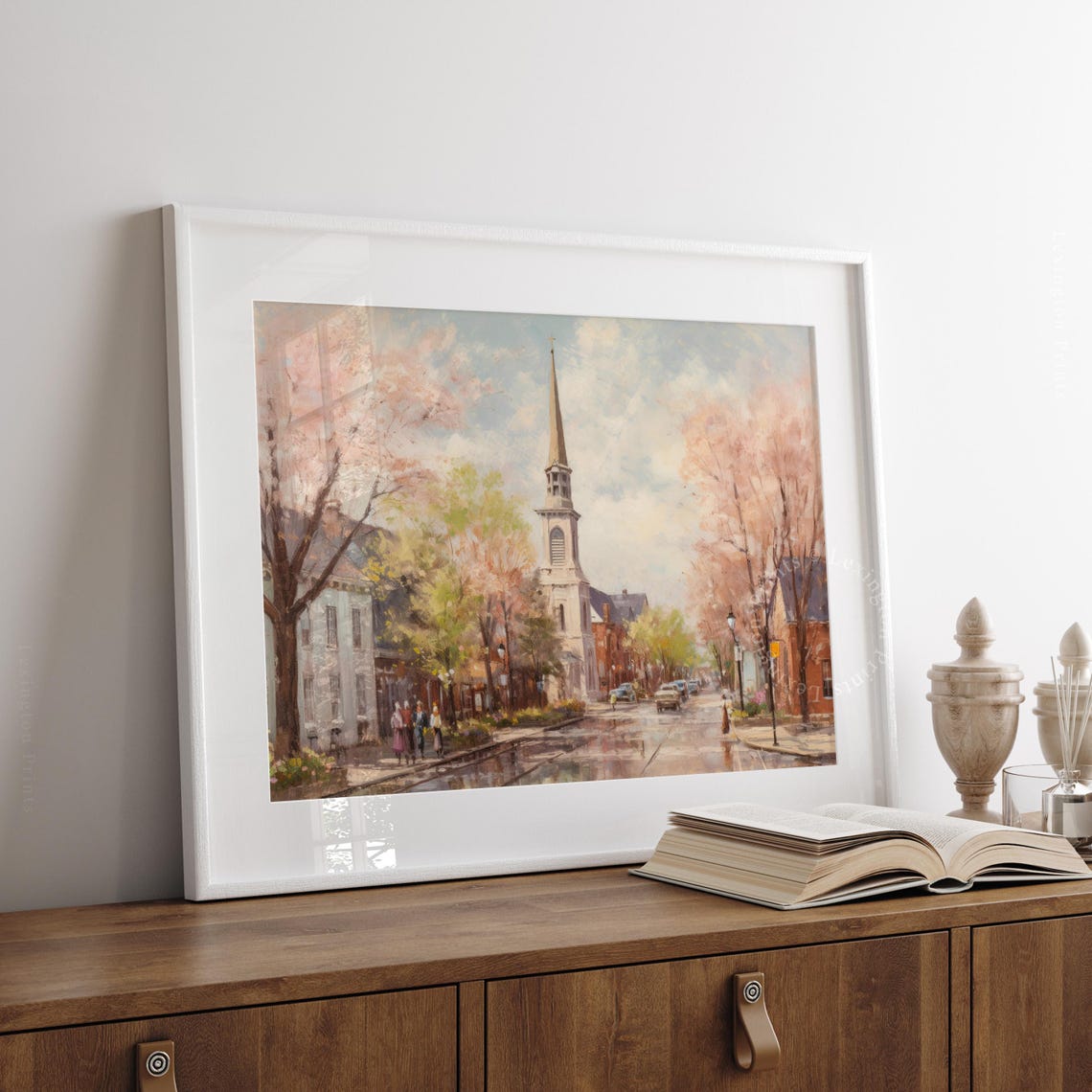 Spring Cherry Blossom Street Church Steeple Vintage Painting Poster - Image 3