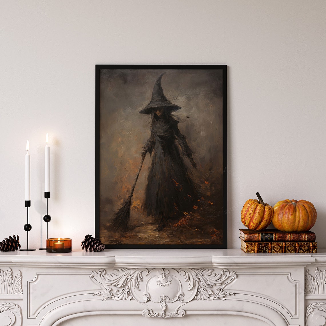 Dark Witch In Cloak Holding Broomstick Moody Halloween Oil Poster - Image 5