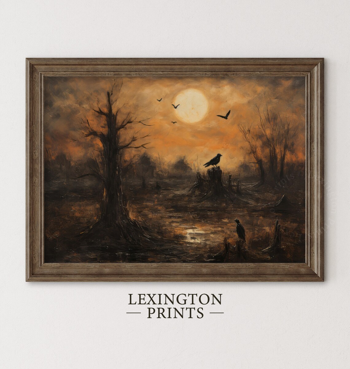 Raven On Tree Stump Full Moon Autumn Marsh Bats Gothic Halloween Poster - Image 2