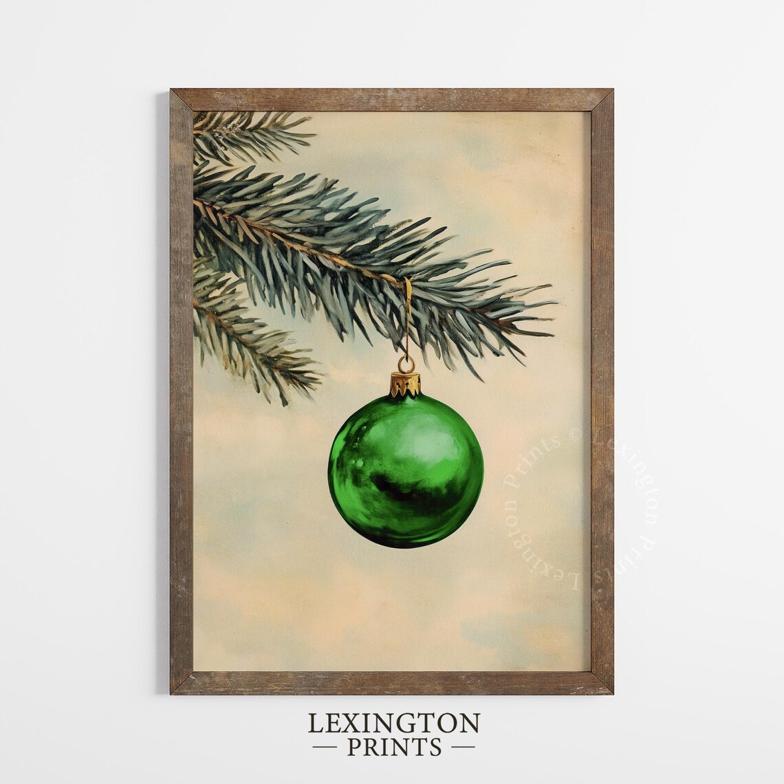 Green Christmas Ornament on Pine Branch Minimal Oil Painting Poster - Image 3