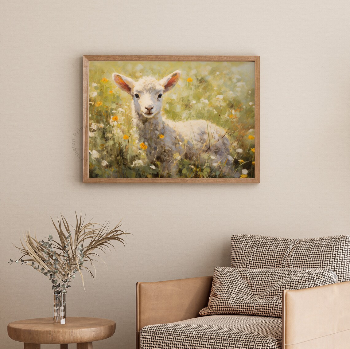 Adorable Lamb Standing in Sunny Wildflower Meadow Vintage Art Print - Image 3
