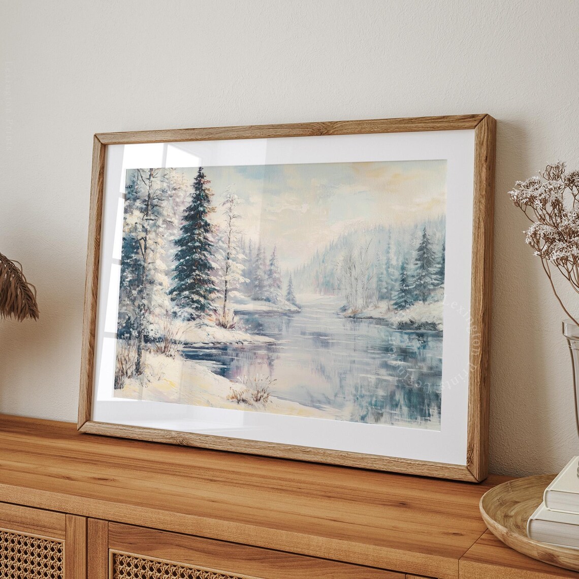 Frozen Lake Evergreen Forest Snowy Winter Landscape Painting Poster - Image 7