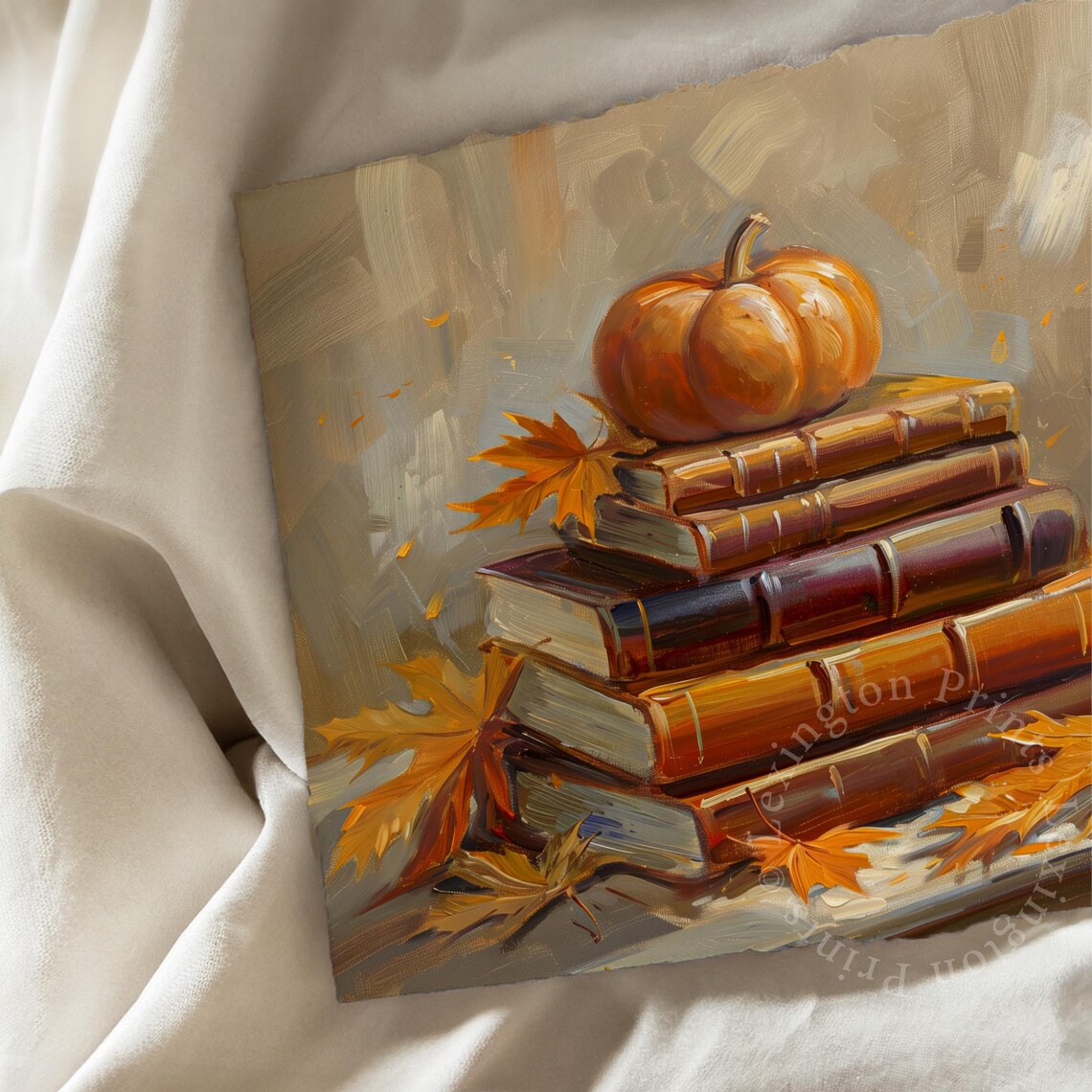 Stack of Vintage Books with Pumpkin Maple Leaves Oil Painting Fall Poster - Image 7