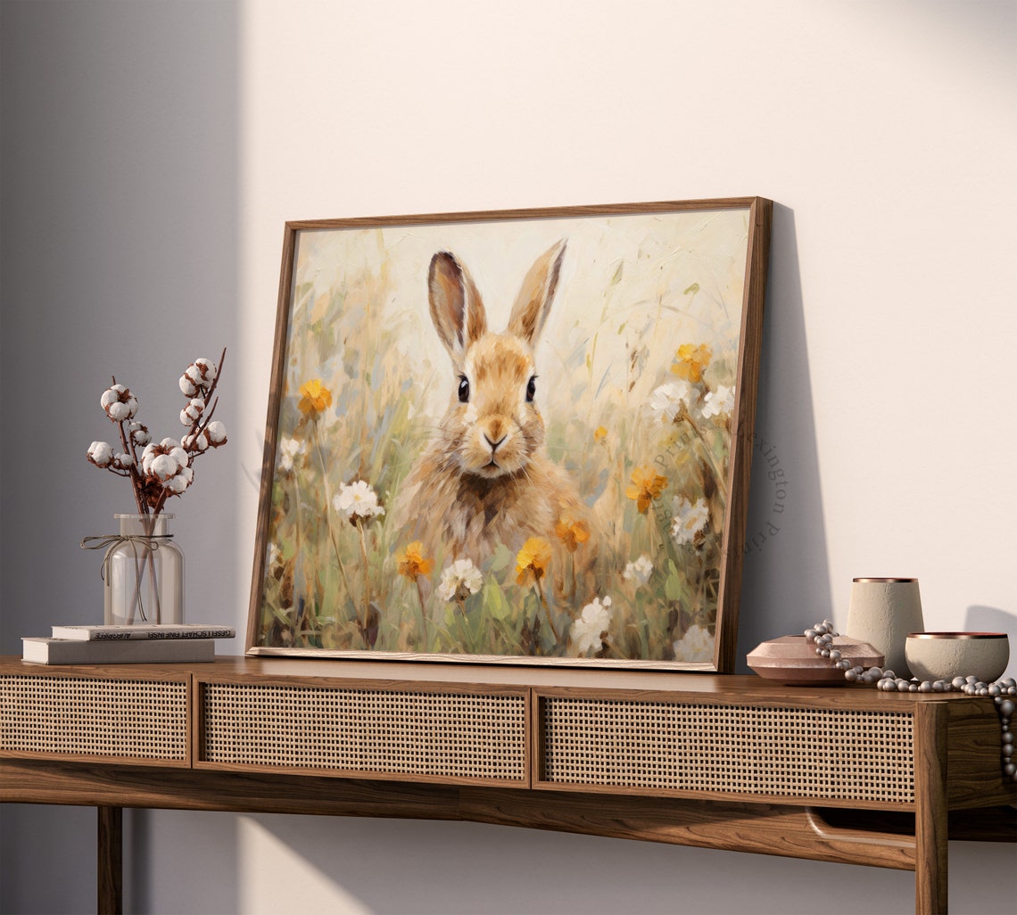 Curious Rabbit Among Orange Wildflowers Vintage Meadow Art Print - Image 6
