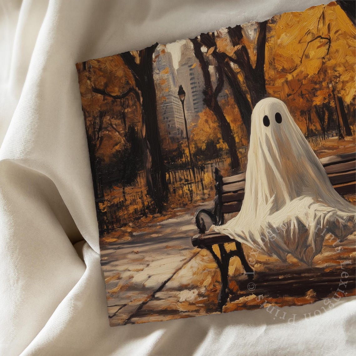 Cute Sheet Ghost on Park Bench Autumn Halloween Scene Poster - Image 7