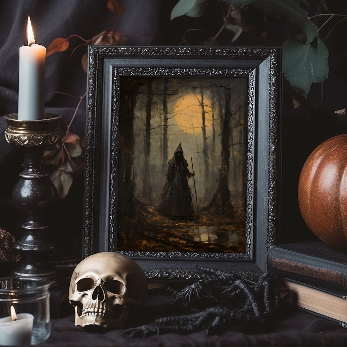 Dark Cloaked Witch With Staff Orange Moon Misty Forest Gothic Poster - Image 6