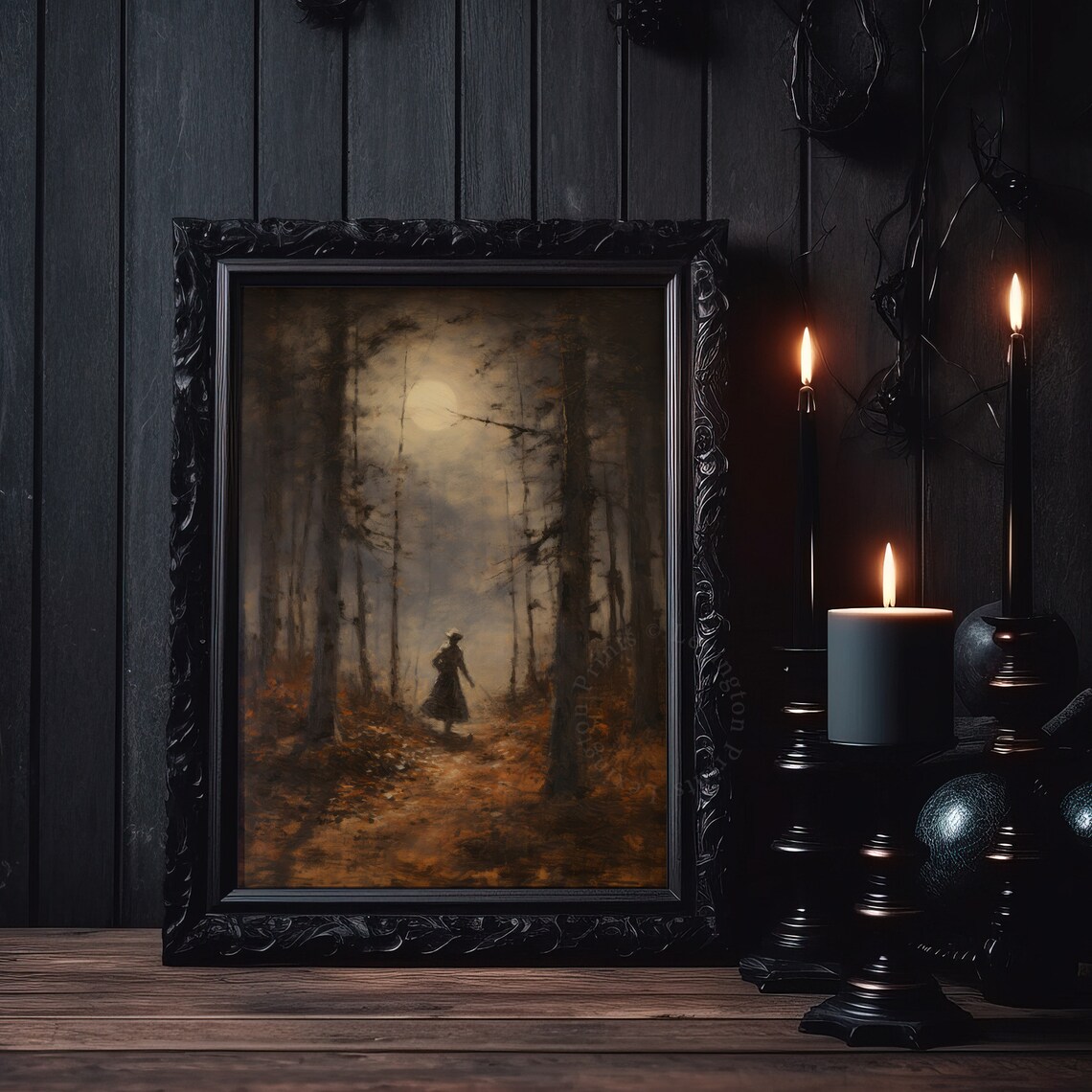 Moonlit Forest Path Lone Figure Moody Autumn Night Painting Poster - Image 2