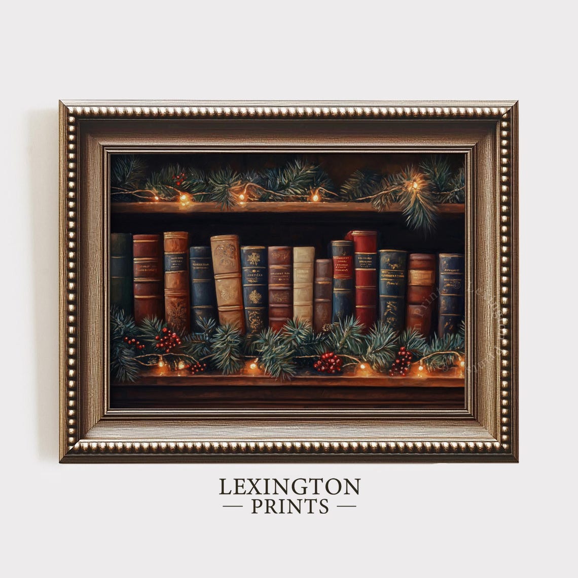 Vintage Books with Pine Garland Christmas Library Decor Poster - Image 5