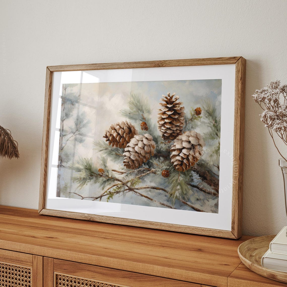 Snowy Pine Cones Frosted Evergreen Branch Winter Painting Poster - Image 8