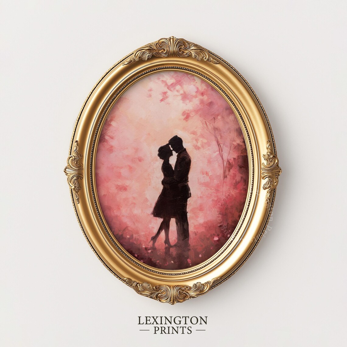 Romantic Couple Silhouette Kiss Pink Blossom Oil Painting Love Poster - Image 4