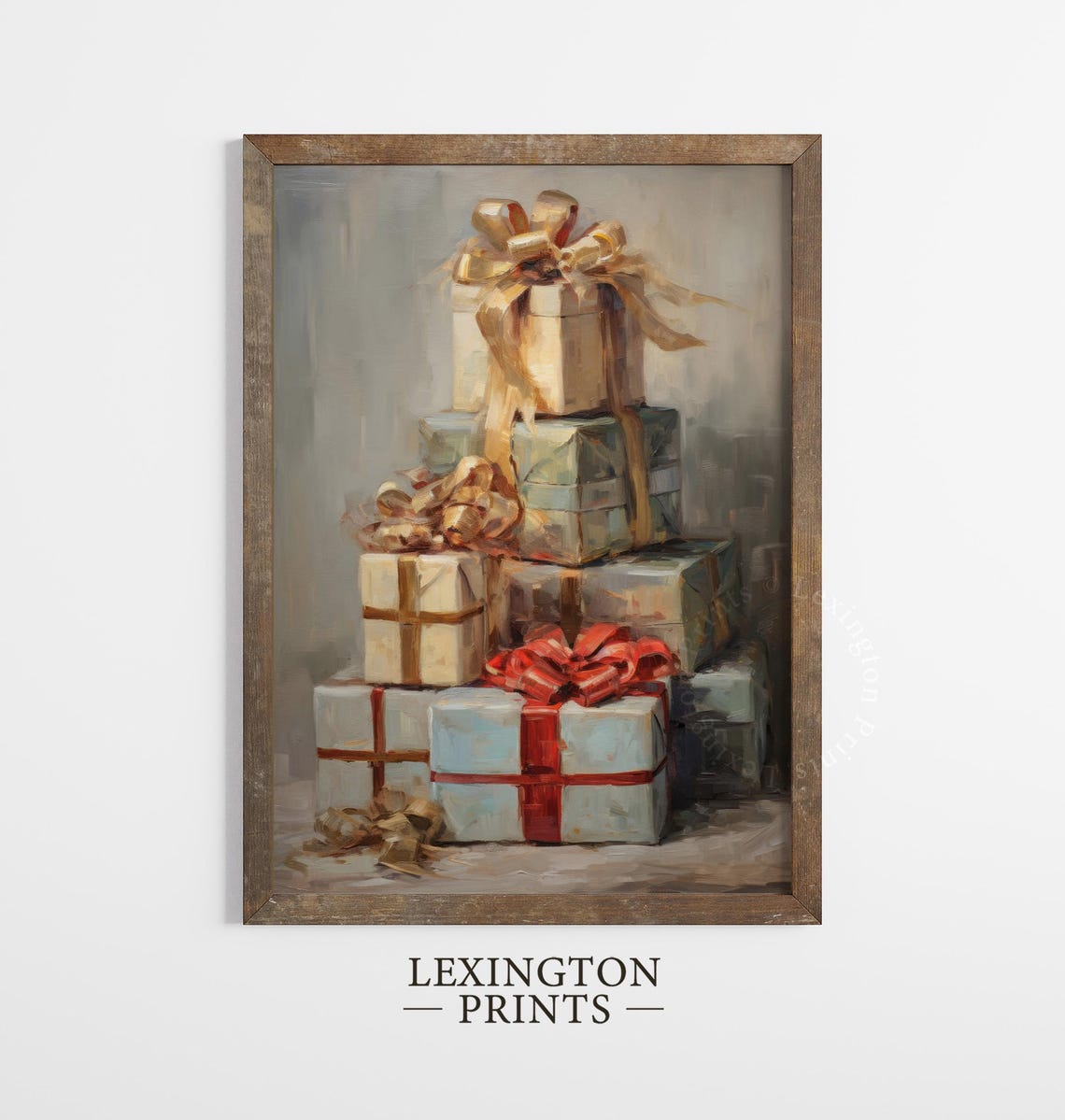 Stack of Elegant Wrapped Gifts Gold Red Ribbons Neutral Holiday Poster - Image 2