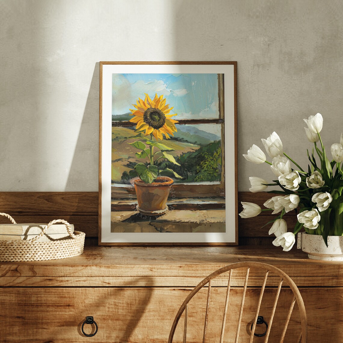 Potted Sunflower Painting Sunny Windowsill Rolling Hills Farmhouse Poster - Image 2