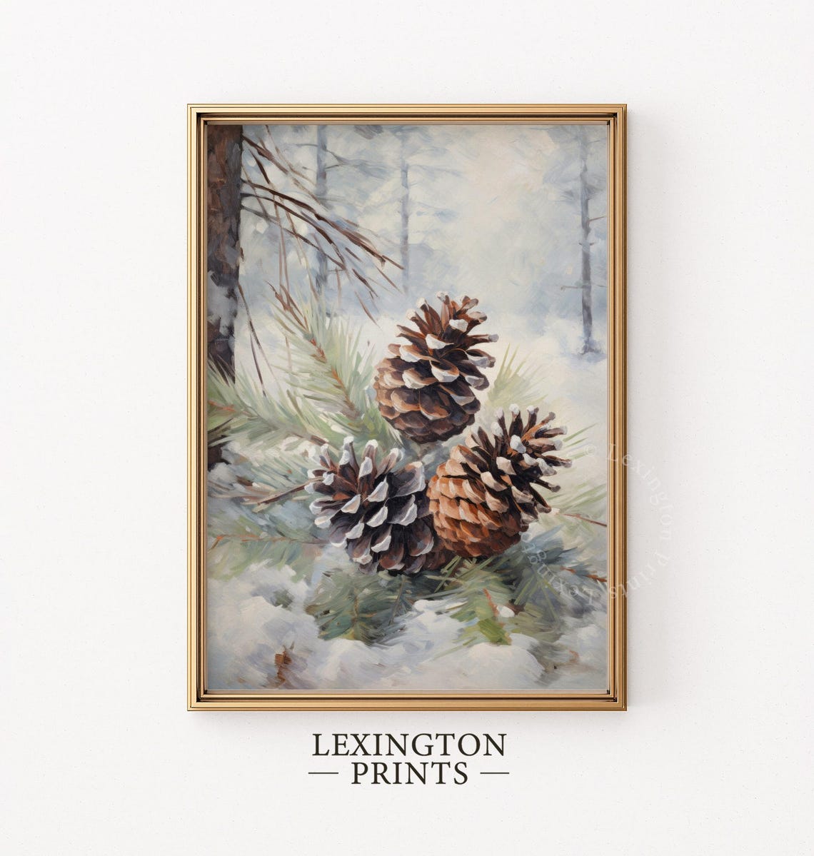 Snow Tipped Pinecones on Frosted Branch Winter Painting Poster - Image 6