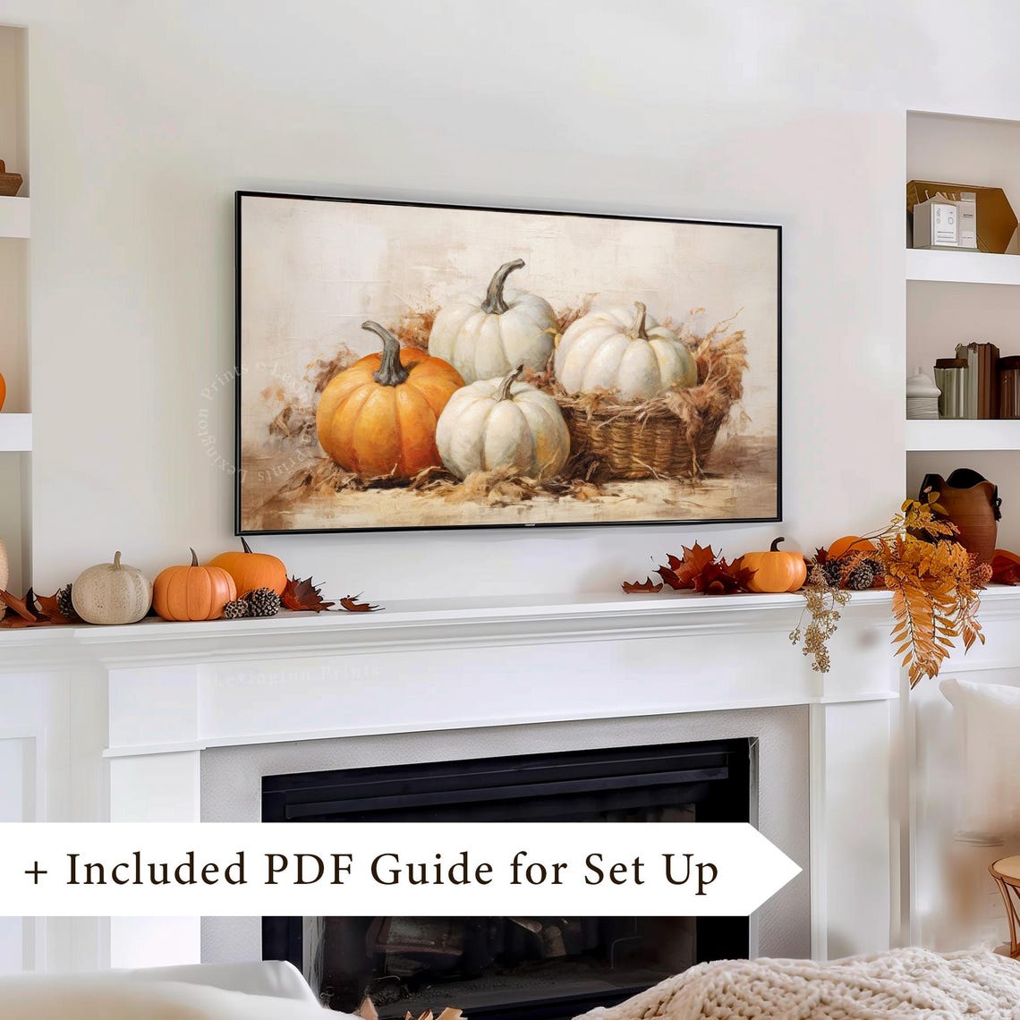 White and Orange Pumpkins in Wicker Basket Fall Still Life Poster - Image 4