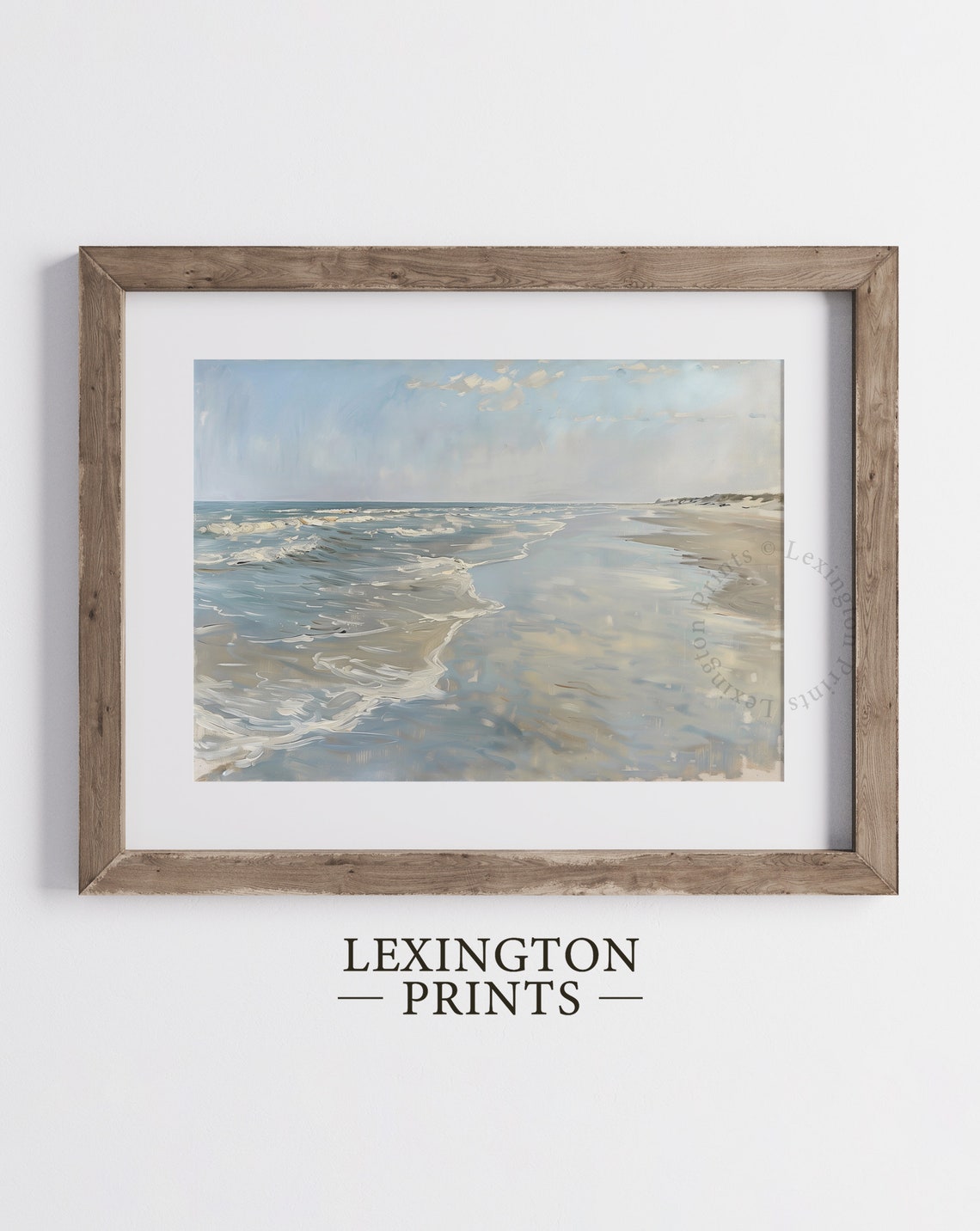 Peaceful Ocean Waves Sandy Shore Soft Blue Coastal Landscape Poster - Image 3