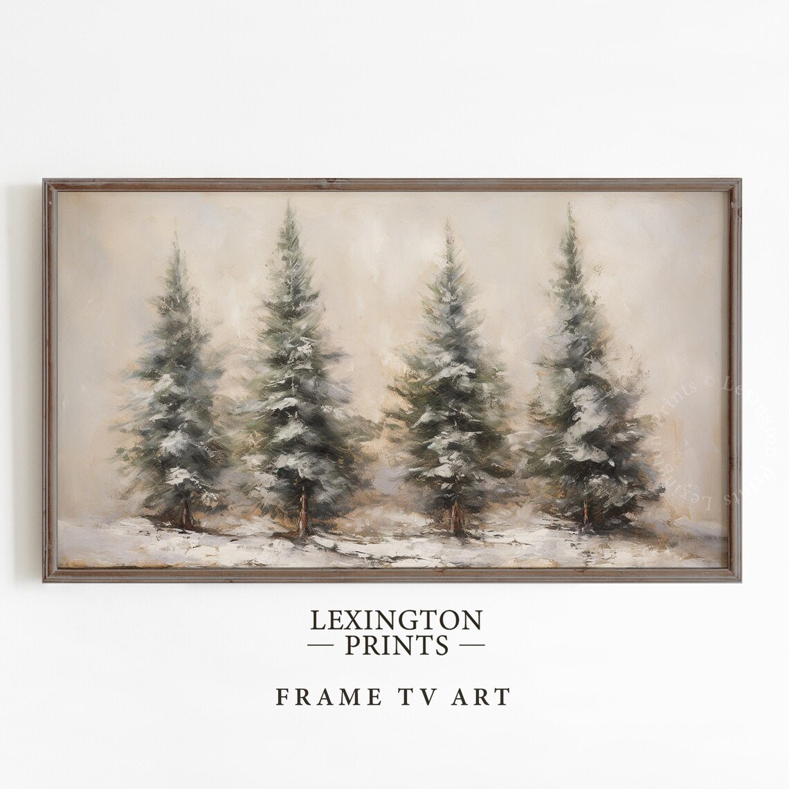 Four Snowy Pine Trees Neutral Winter Oil Painting Scene Poster - Image 5