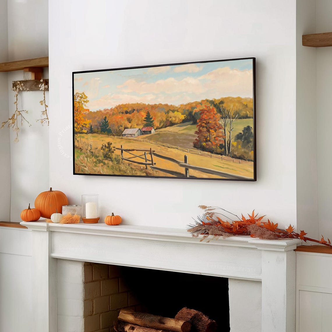 Fall Country Landscape with Red Barn Golden Fields Frame TV Art Print - Image 7