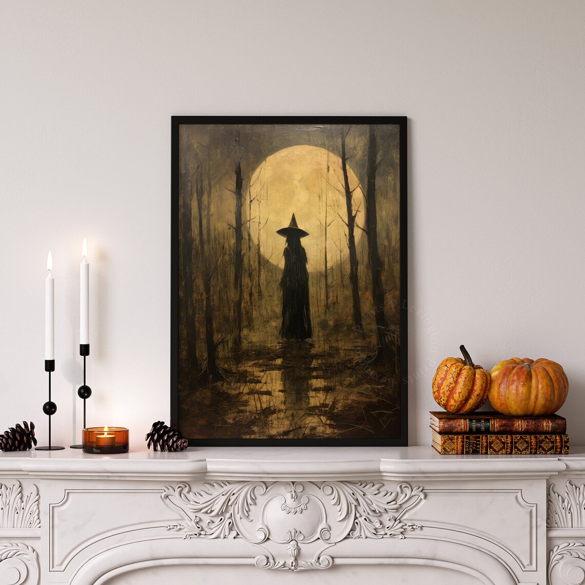 Witch Silhouette Before Giant Golden Full Moon Dark Forest Halloween Poster - Image 4