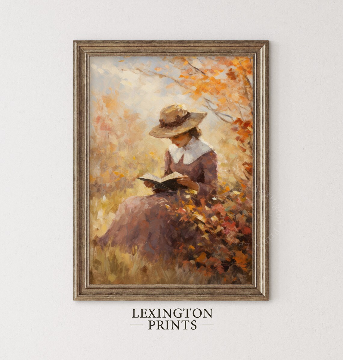 Woman Reading in Autumn Garden Vintage Hat Fall Foliage Art Poster - Image 2