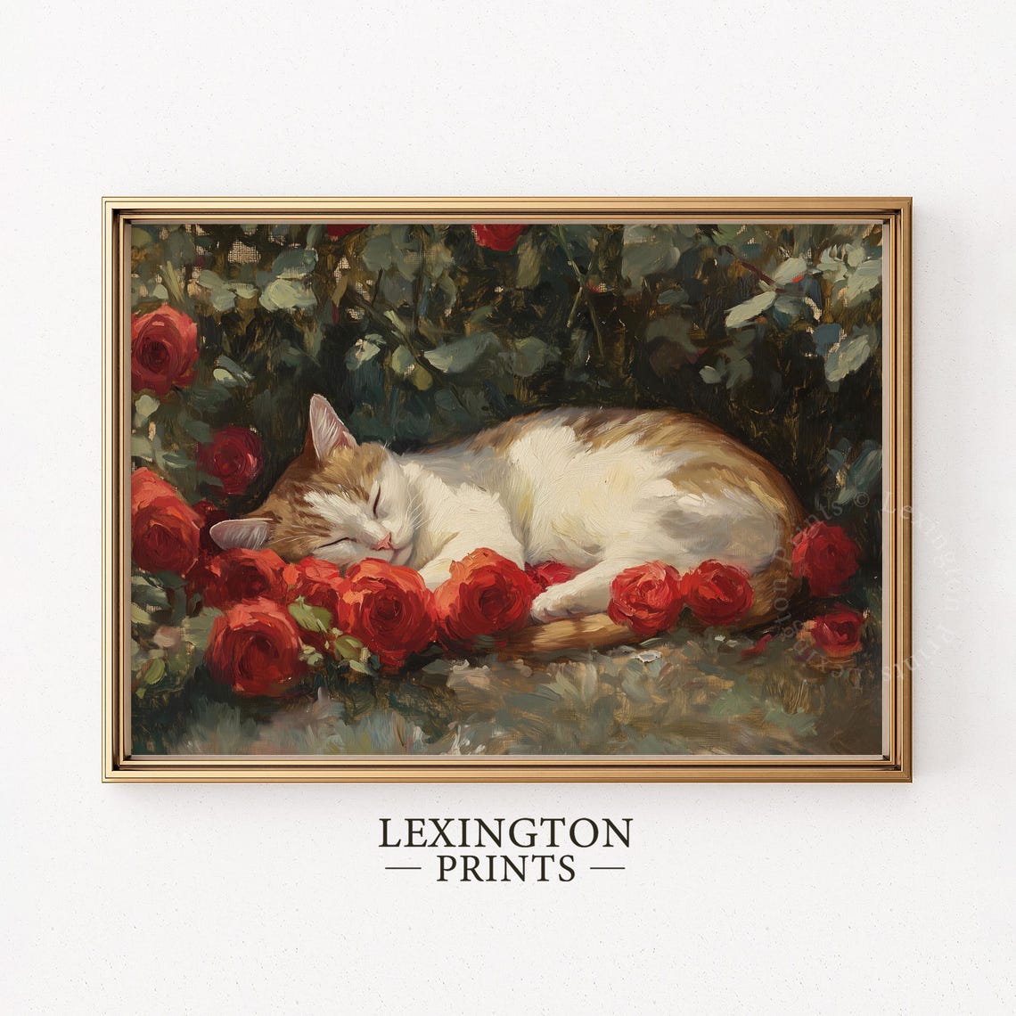 Sleeping Cat Among Red Roses Vintage Floral Oil Painting Wall Art - Image 8