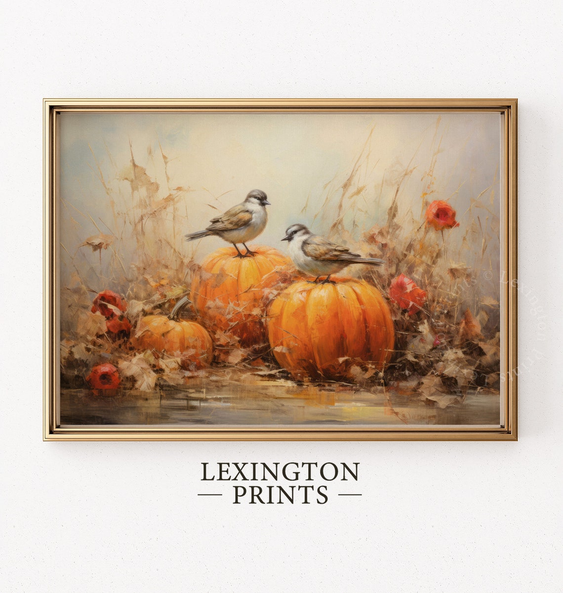 Two Songbirds on Pumpkins in Autumn Field Vintage Bird Poster - Image 2