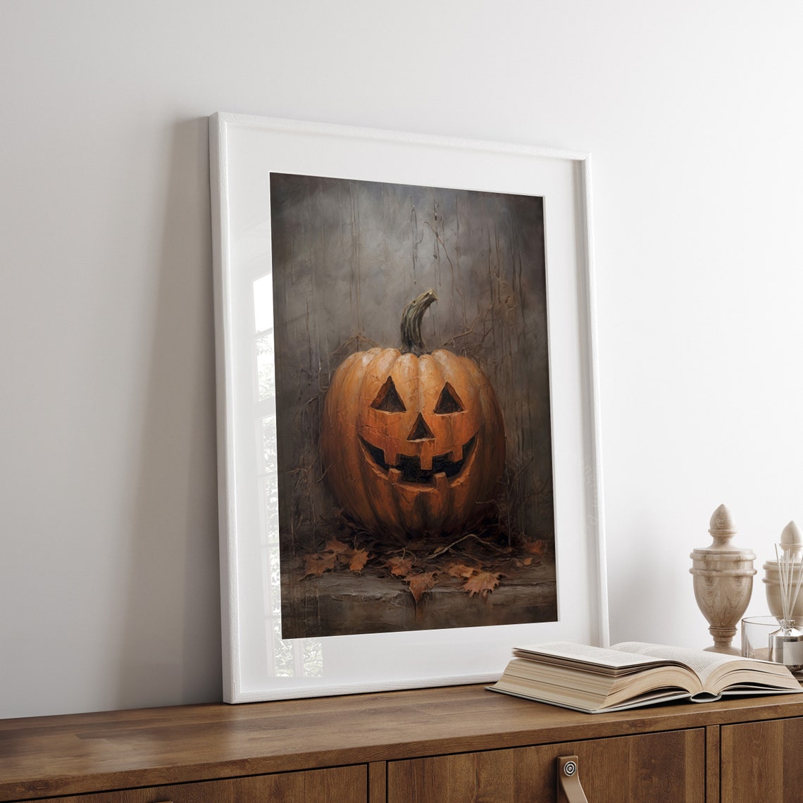 Smiling Jack-O-Lantern Pumpkin On Stone Ledge Oil Painting Fall Poster - Image 5