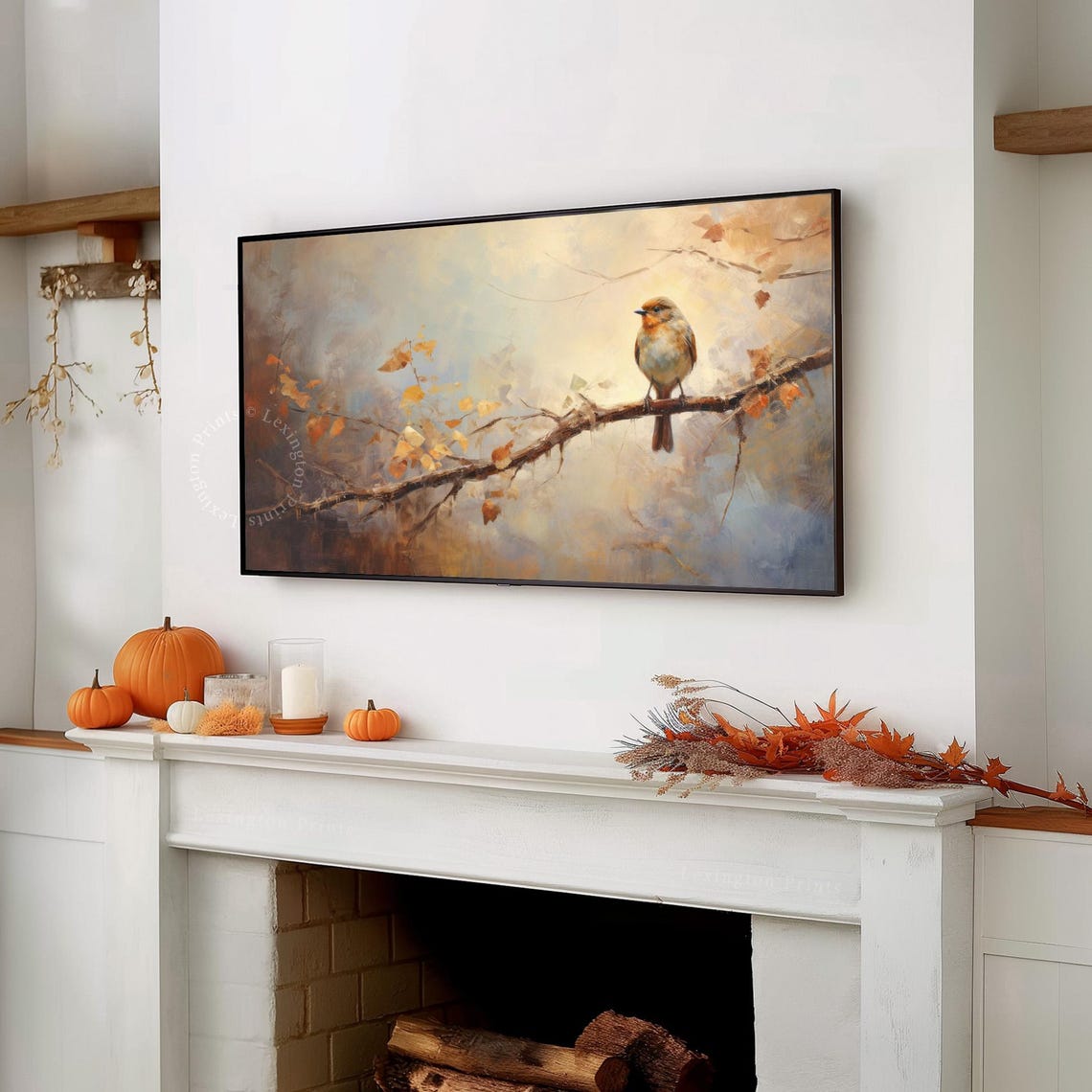Autumn Robin Bird on Branch Golden Leaves Misty Fall Frame TV Poster - Image 4