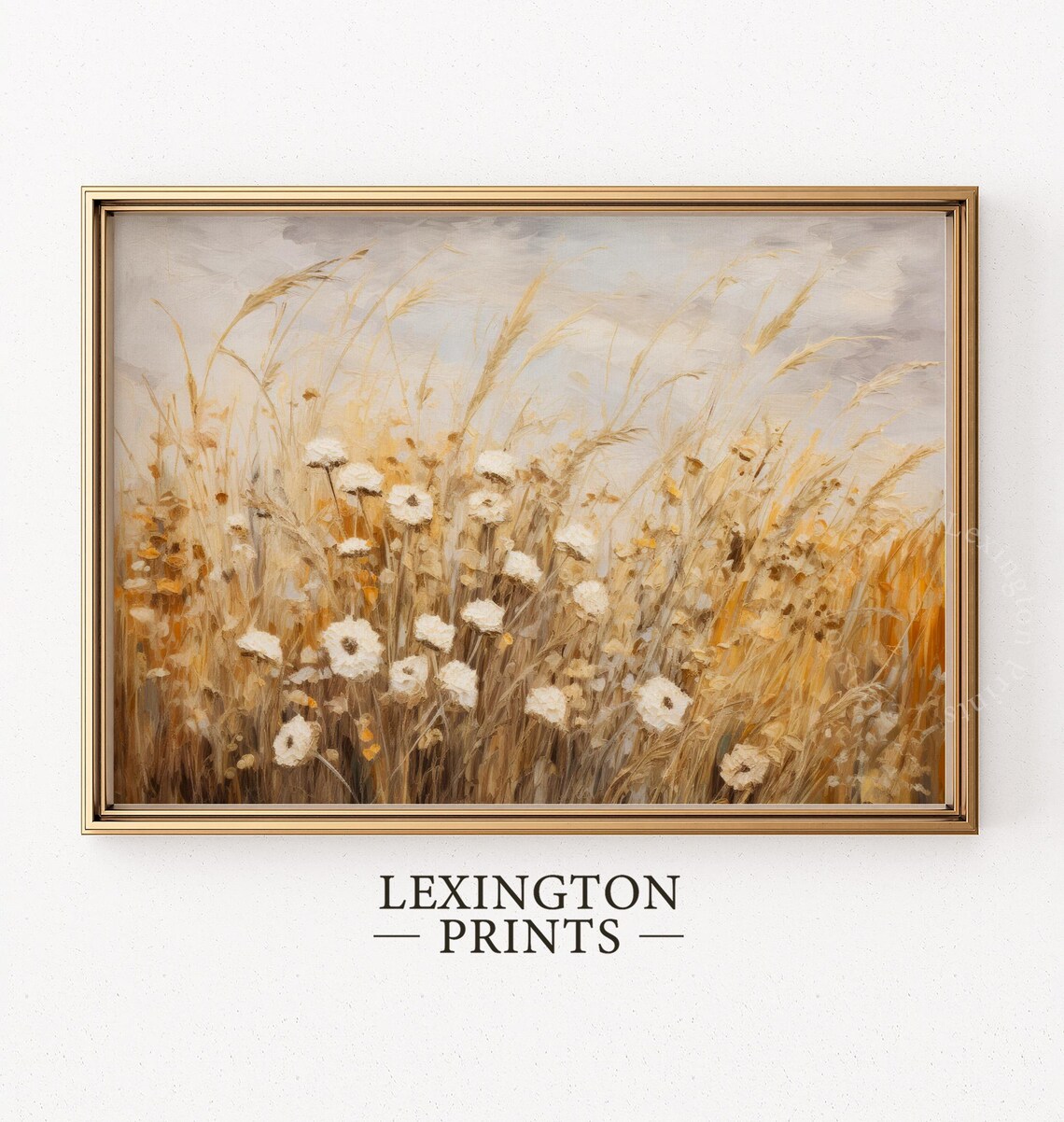 Golden Wheat Field White Wildflowers Impressionist Fall Meadow Painting Poster - Image 5