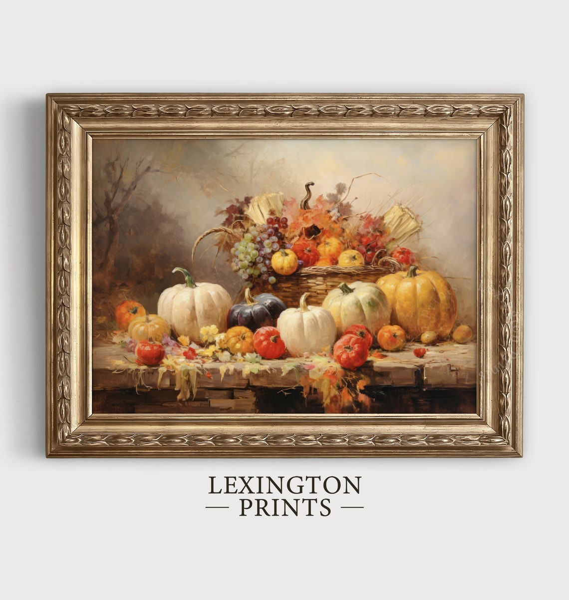 Fall Harvest Still Life with Pumpkins Corn and Grapes Vintage Wall Art - Image 5