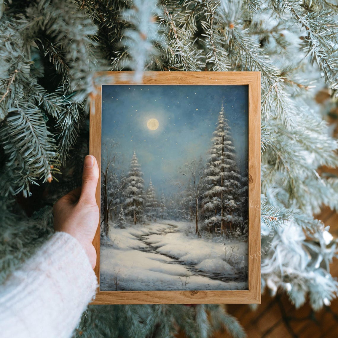 Vintage Christmas Landscape Painting Christmas Wall Art Christmas Print Forest Wall Art Winter Print Oil Painting Art Twilight Art Moon 315 - Image 7