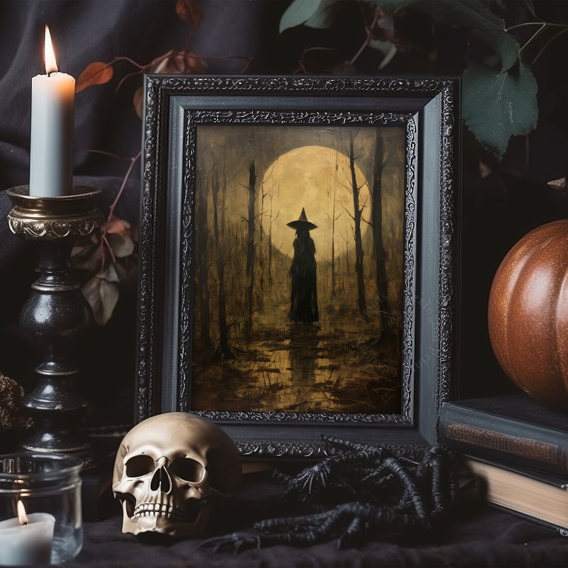 Witch Silhouette Before Giant Golden Full Moon Dark Forest Halloween Poster - Image 6
