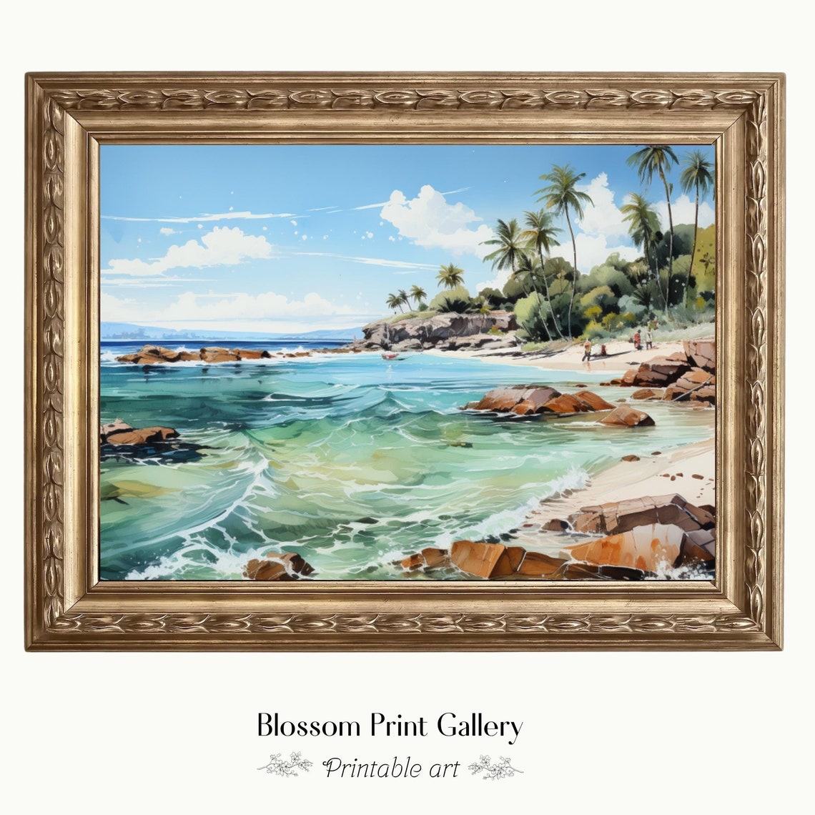 Tropical Beach With Palm Trees Turquoise Waves Painting Poster