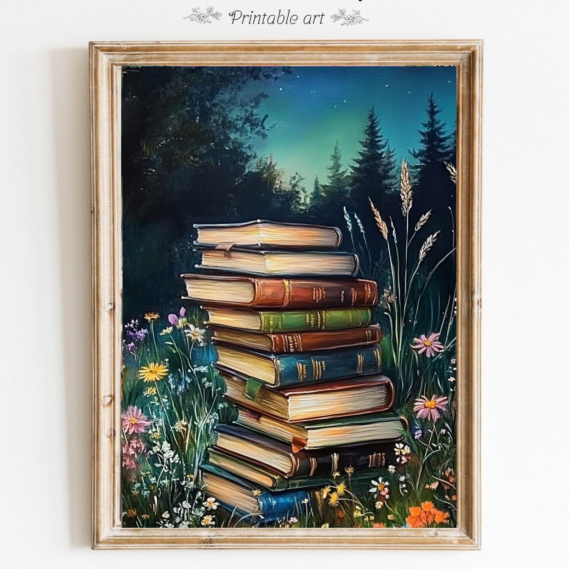 Stack of Old Books in a Moonlit Meadow Enchanted Night Poster
