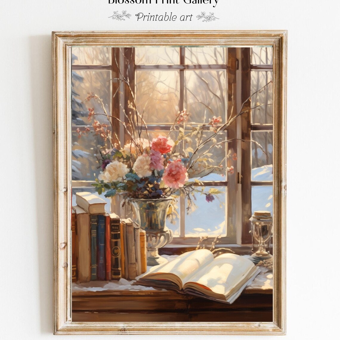 Winter Window Still Life with Books and Flowers Painting Poster