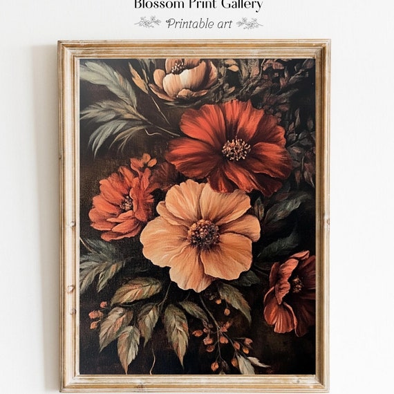 Modern Moody Flowers Print Colorful Wall Art Decor Botanical Pattern Living Room Print Midcentury Bouquet Art Dark Abstract Floral Art 810