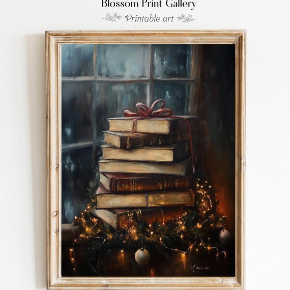 Rustic Christmas Wall Art Book Art Still Life Vintage Christmas Oil Painting Dark Academia Moody Decor Christmas Window Sill 775