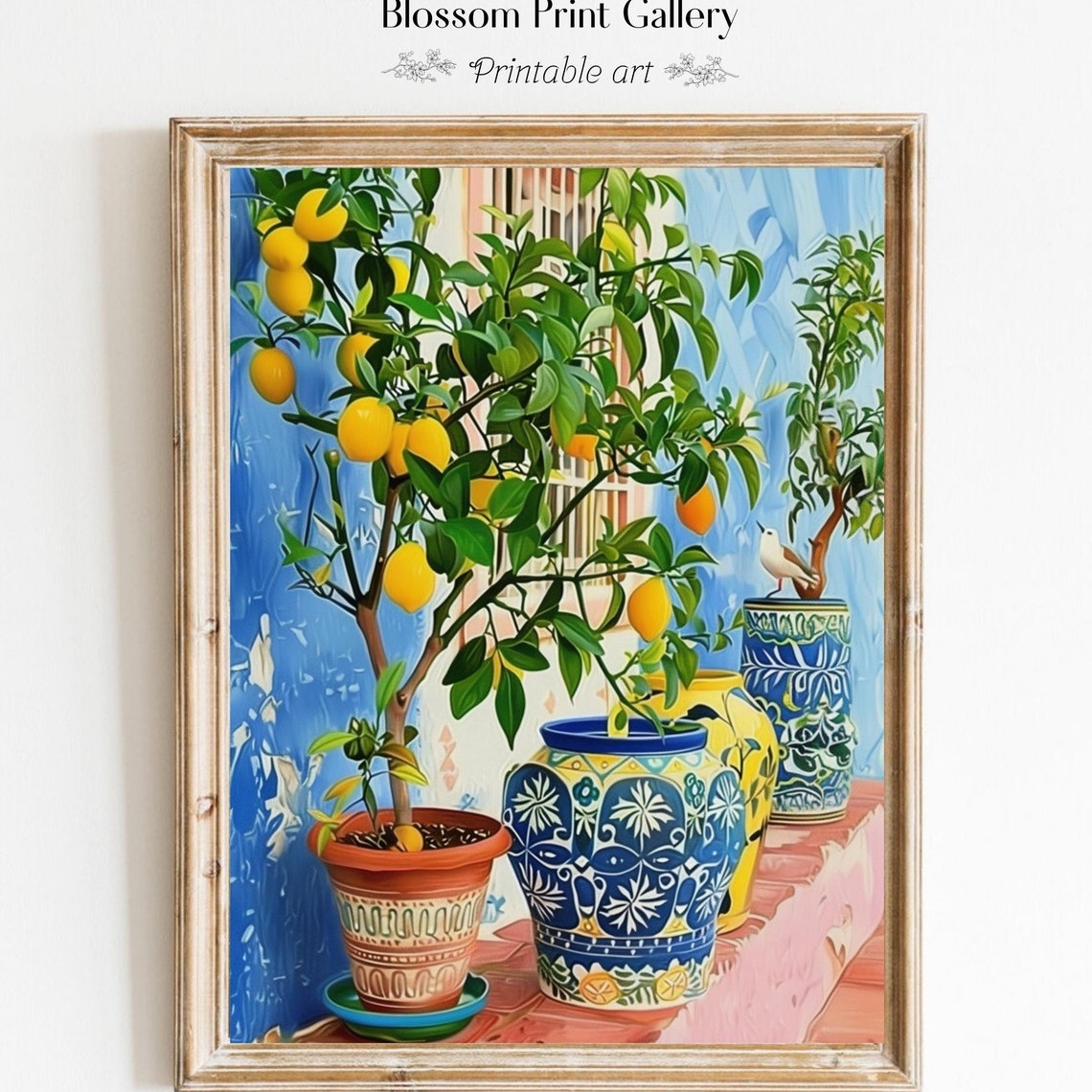 Potted Lemon Trees Blue Ceramic Pots Mediterranean Citrus Art Poster