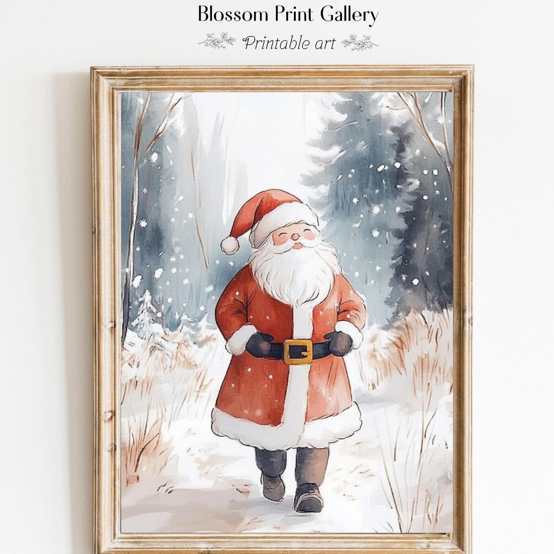 Cute Santa Claus Walking In Snowy Forest Watercolor Christmas Poster