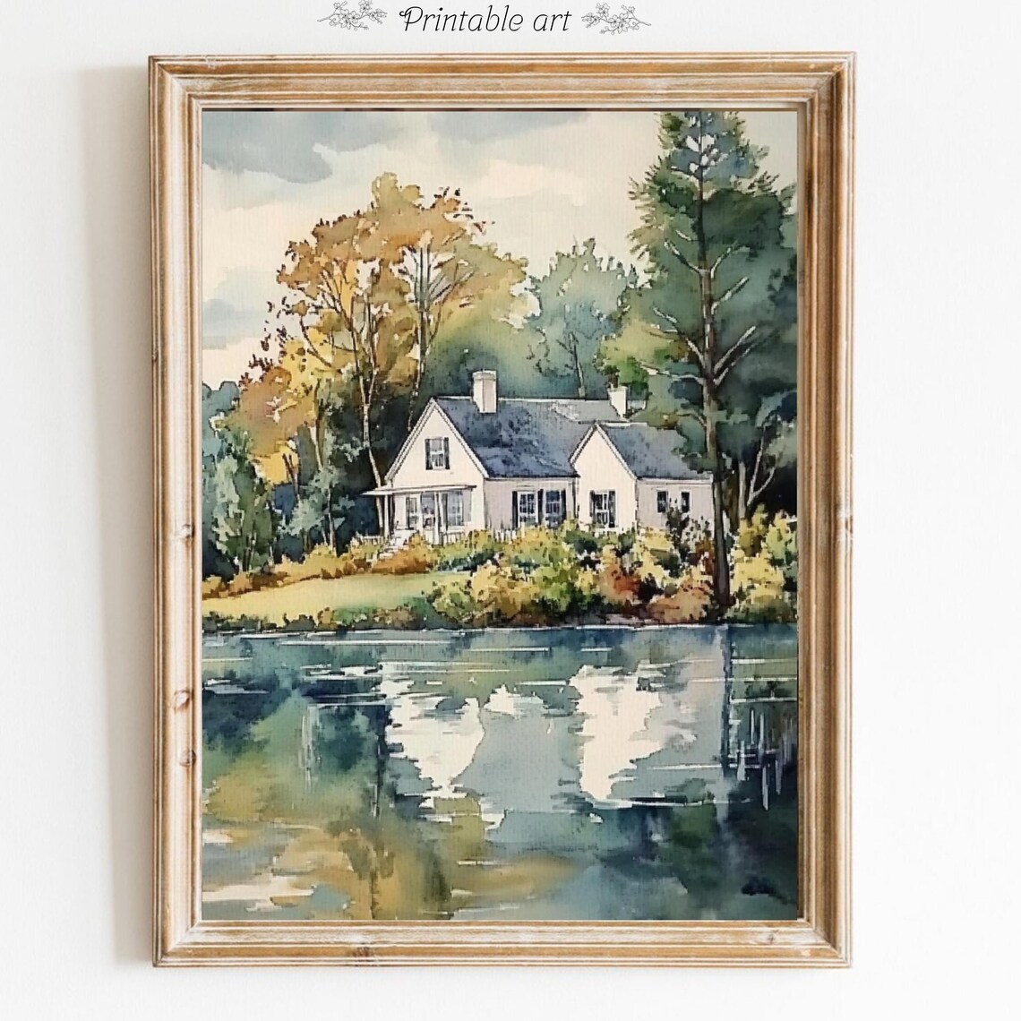 White Lake House Watercolor with Trees Reflected in Water Poster - Image 6