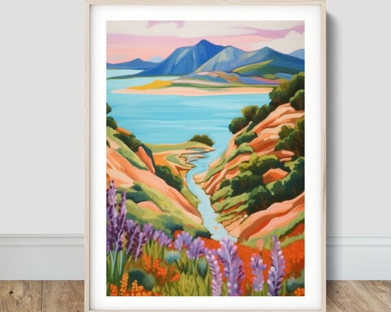 Colorful Mountain Valley Lake Wildflower Meadow Impressionist Poster