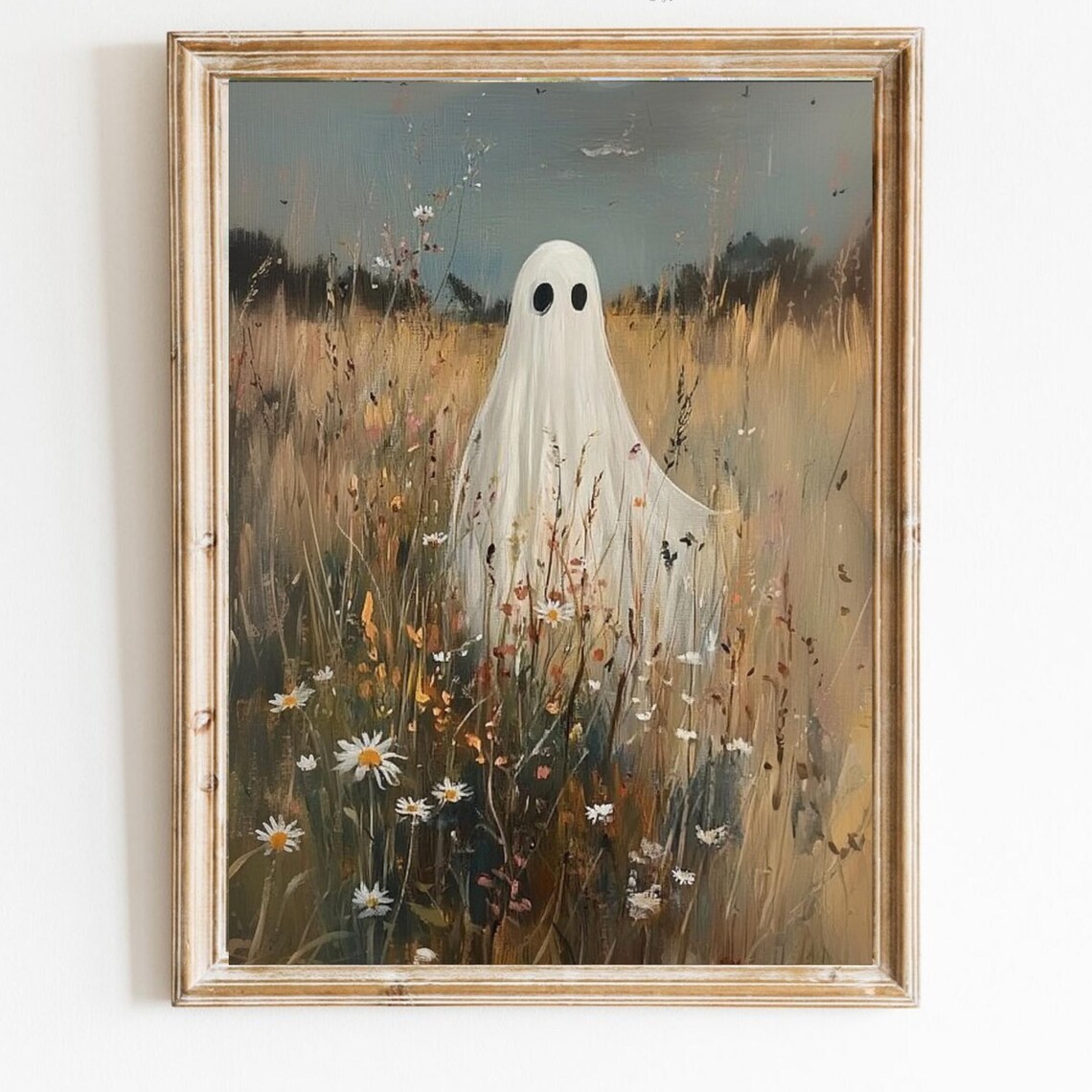 Cute Ghost In Wildflower Meadow Dark Moody Halloween Holiday Print