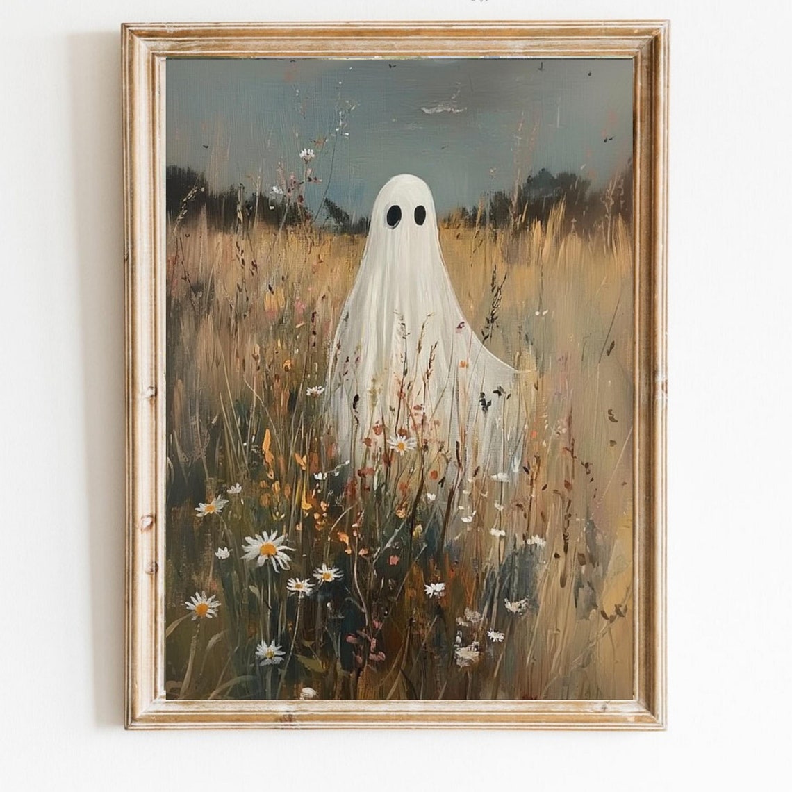 Ghost On Flower Meadow Print Whimsical Halloween Decor Dark Academia Spooky Wall Art Fall Season Cute Ghost Print Floral Ghost 725