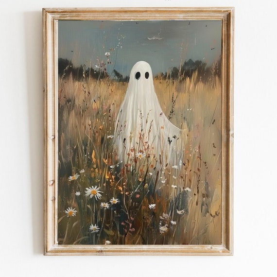Ghost On Flower Meadow Print Whimsical Halloween Decor Dark Academia Spooky Wall Art Fall Season Cute Ghost Print Floral Ghost 725